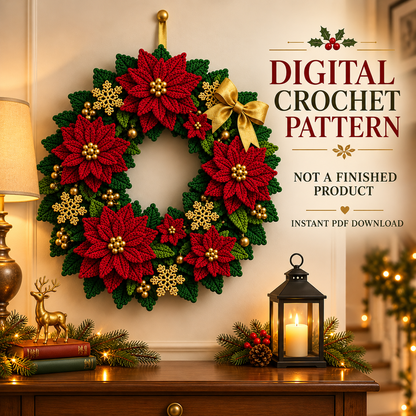 Red Poinsettia Christmas Wreath Crochet Pattern PDF | Holiday Door Decor