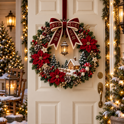 Christmas Cottage Wreath Crochet Pattern PDF | Woodland Holiday Door Decor