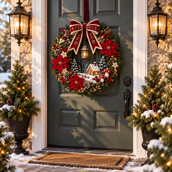 Christmas Cottage Wreath Crochet Pattern PDF | Woodland Holiday Door Decor