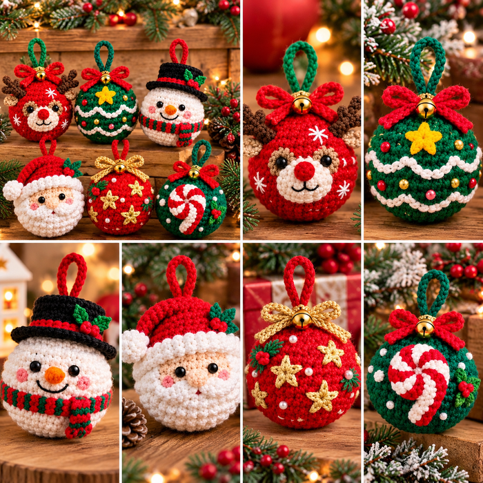 6 Christmas Bauble Crochet Patterns PDF | Santa, Reindeer & Snowman Ornaments