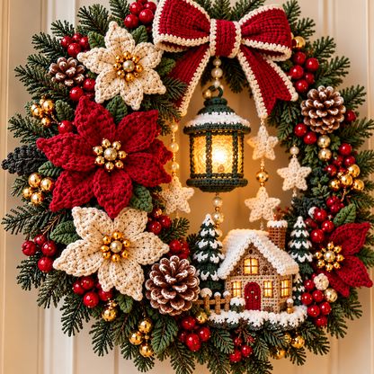 Christmas Cottage Wreath Crochet Pattern PDF | Woodland Holiday Door Decor