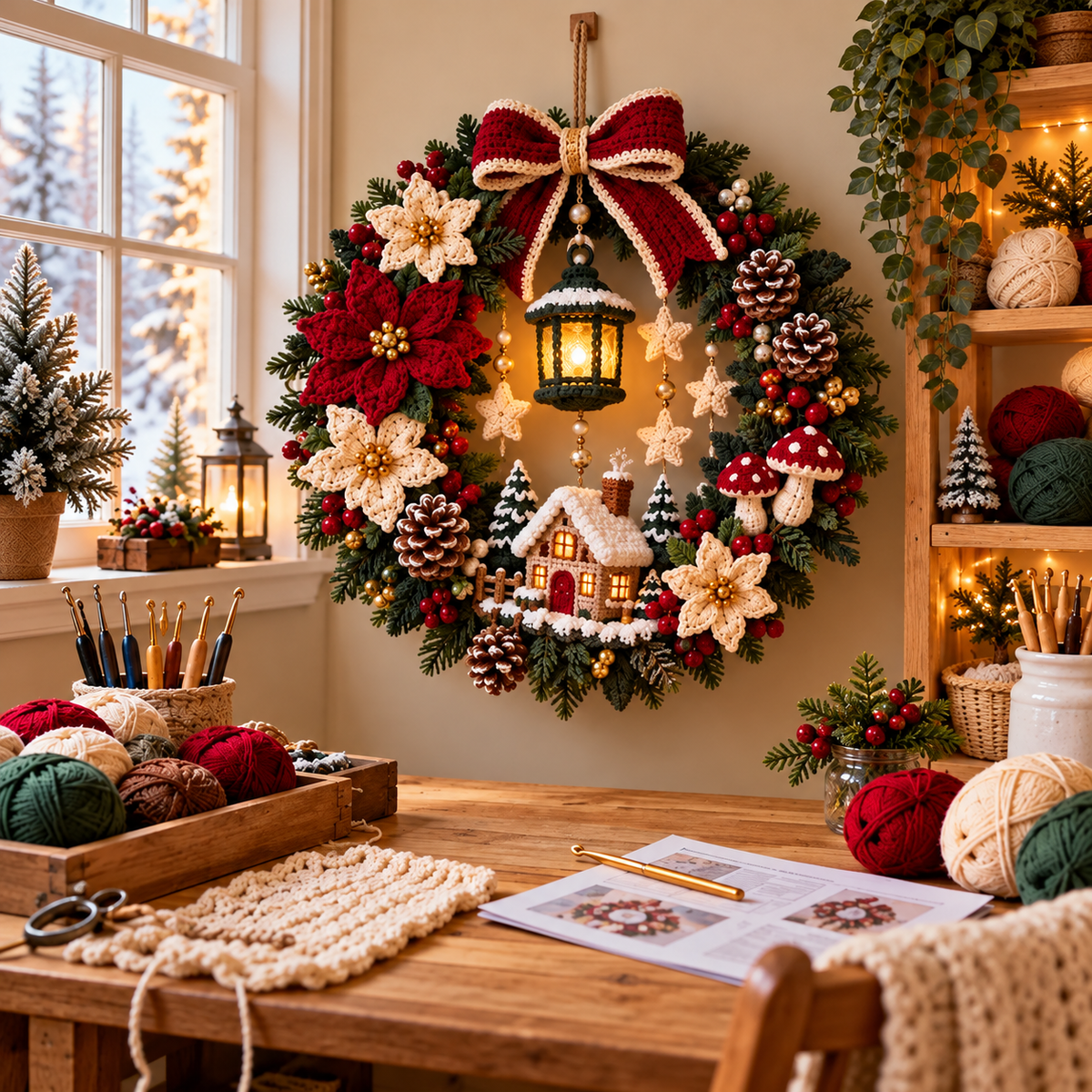 Christmas Cottage Wreath Crochet Pattern PDF | Woodland Holiday Door Decor