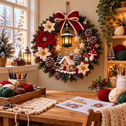 Christmas Cottage Wreath Crochet Pattern PDF | Woodland Holiday Door Decor