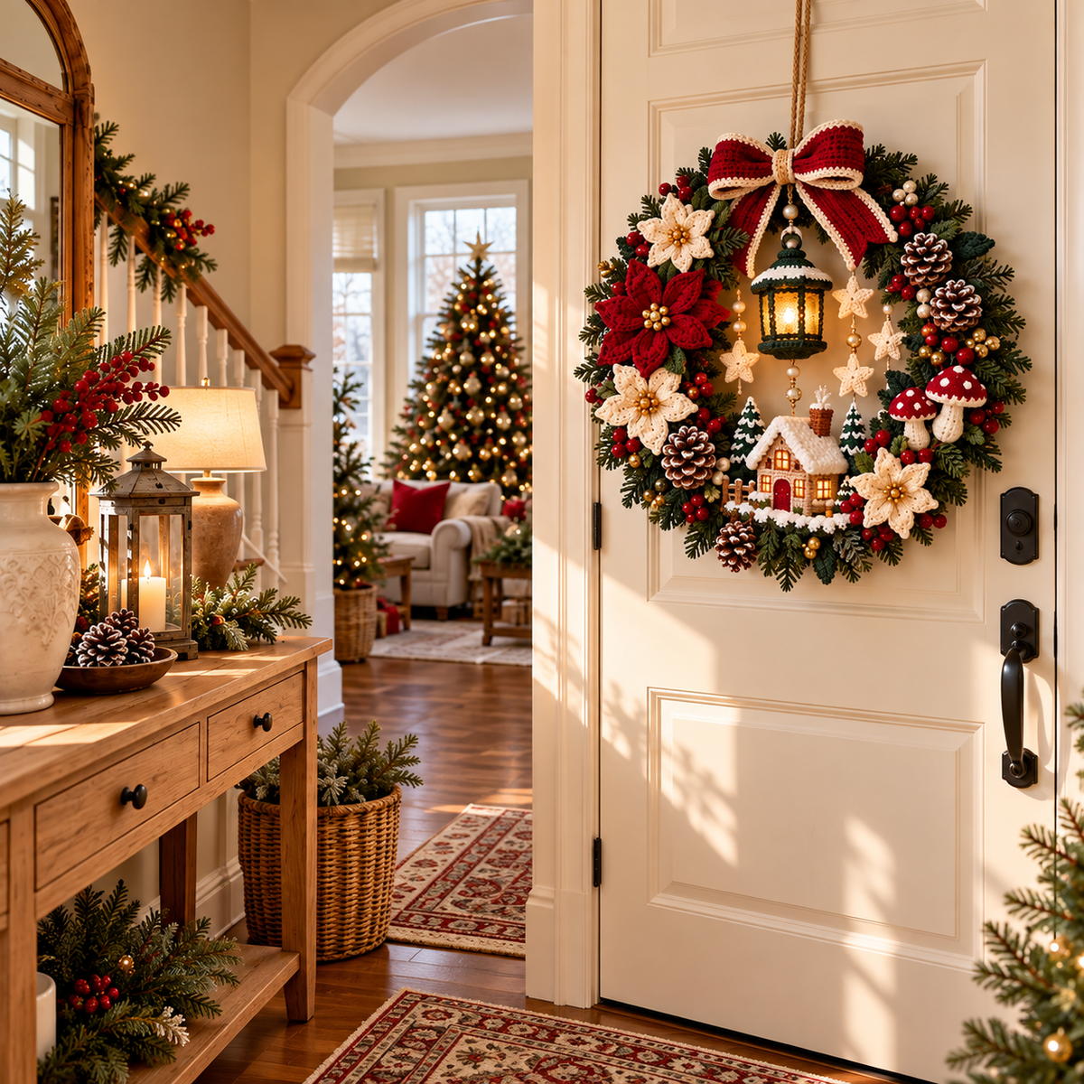 Christmas Cottage Wreath Crochet Pattern PDF | Woodland Holiday Door Decor