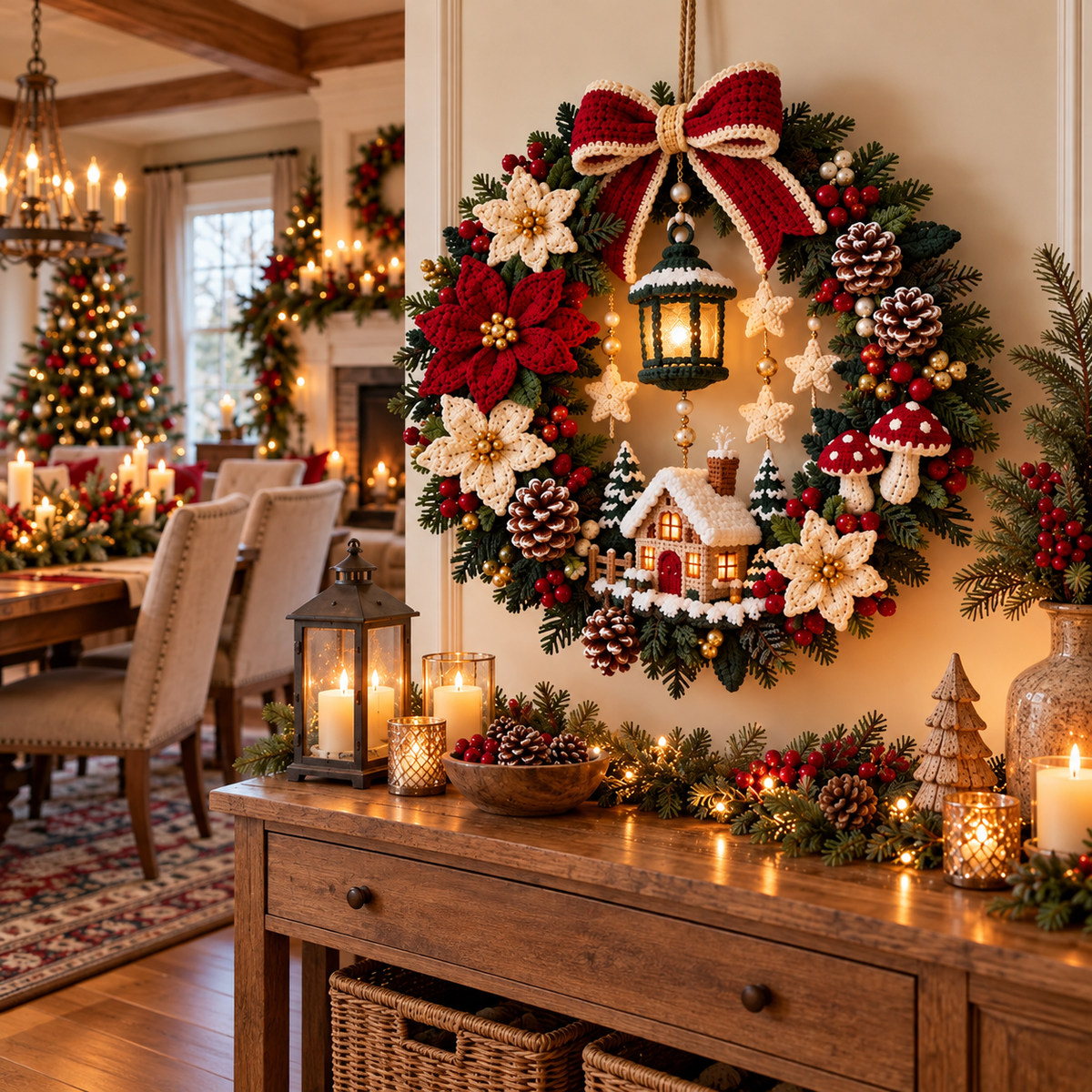 Christmas Cottage Wreath Crochet Pattern PDF | Woodland Holiday Door Decor