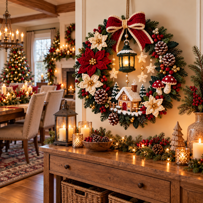 Christmas Cottage Wreath Crochet Pattern PDF | Woodland Holiday Door Decor