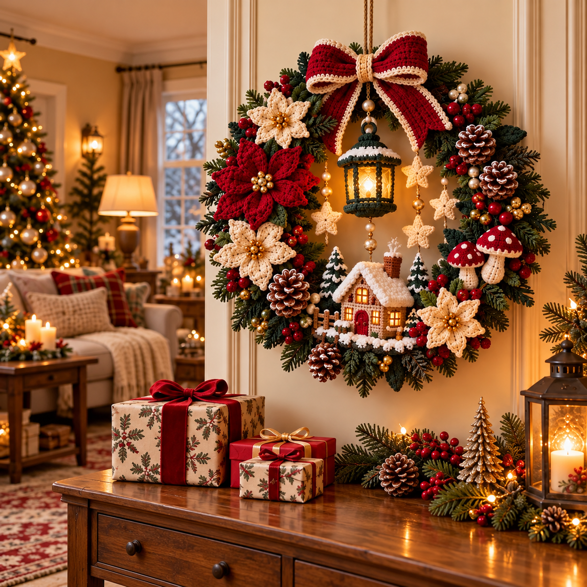 Christmas Cottage Wreath Crochet Pattern PDF | Woodland Holiday Door Decor