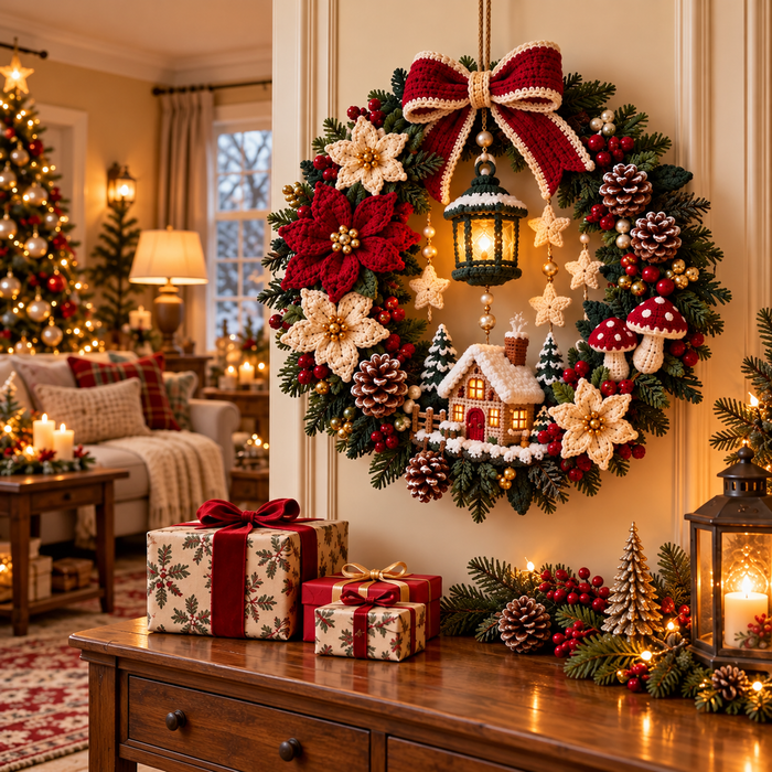 Christmas Cottage Wreath Crochet Pattern PDF | Woodland Holiday Door Decor