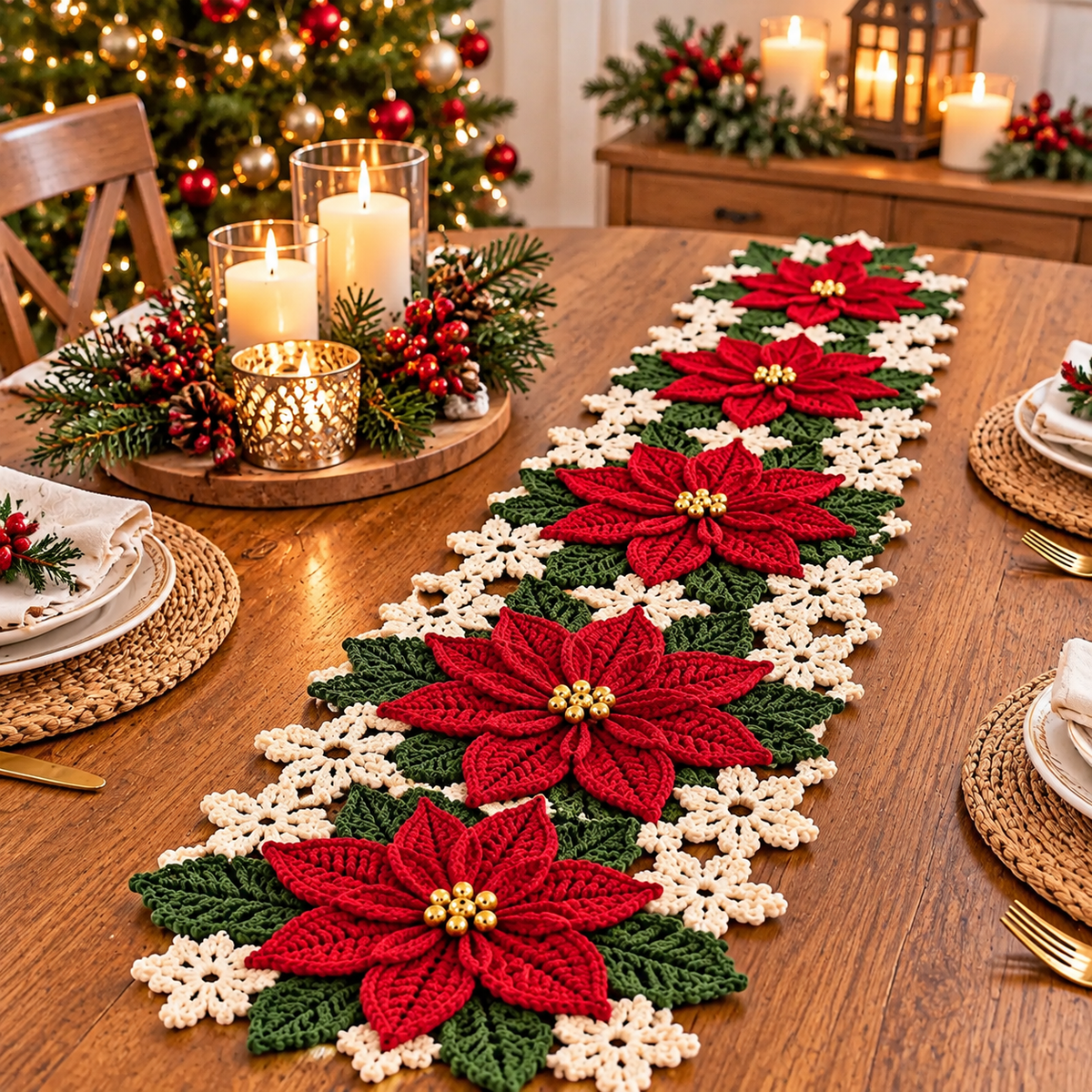 Christmas Poinsettia Table Runner Crochet Pattern PDF | Floral Holiday Decor