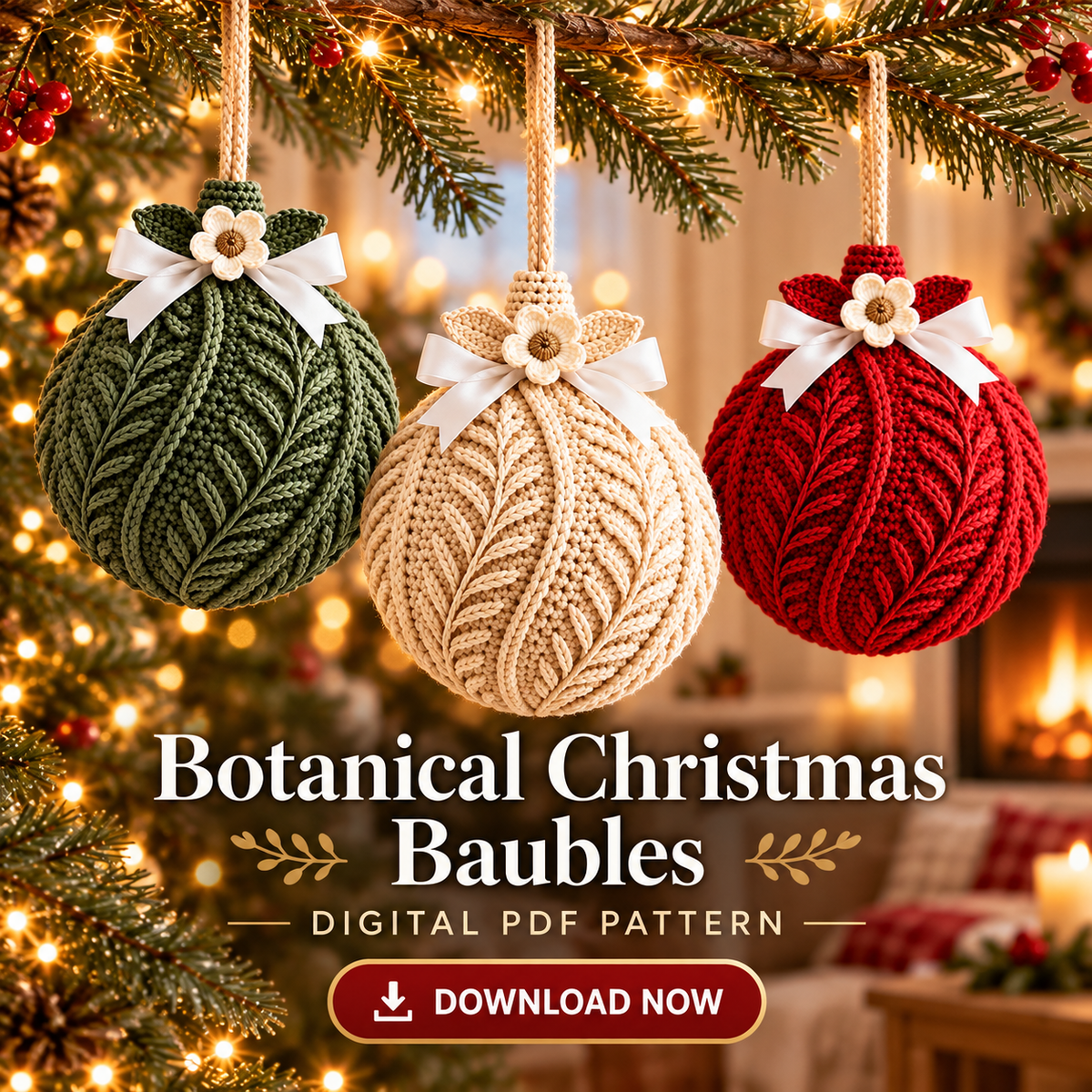 Botanical Christmas Bauble Crochet Pattern PDF | 3 Textured Ornaments