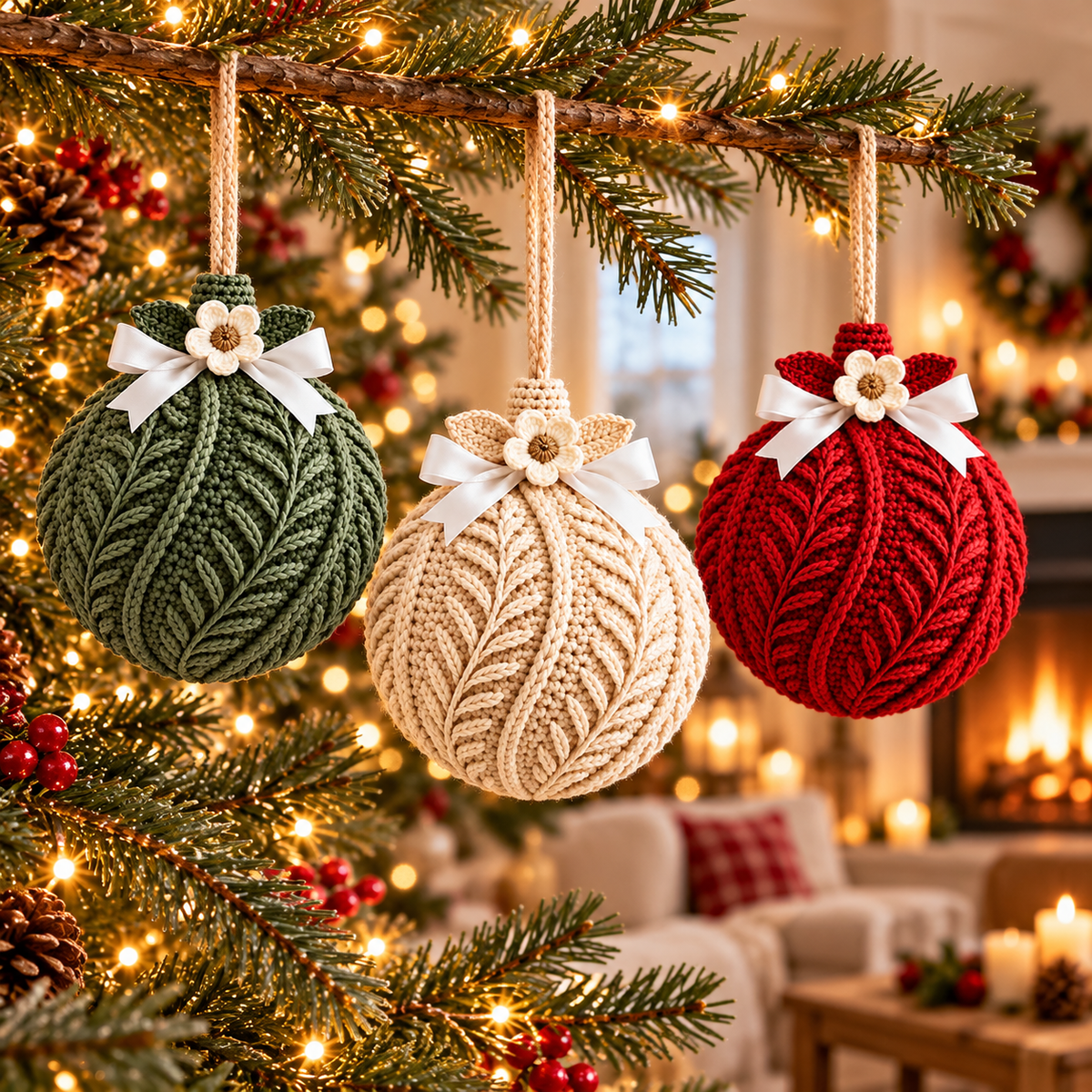 Botanical Christmas Bauble Crochet Pattern PDF | 3 Textured Ornaments