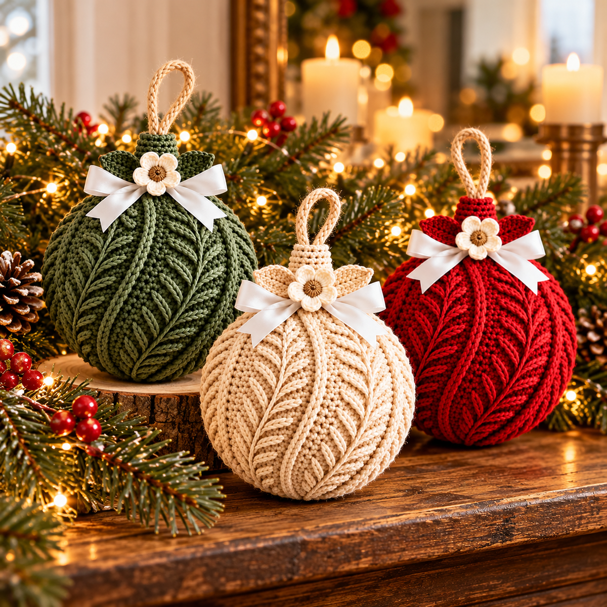 Botanical Christmas Bauble Crochet Pattern PDF | 3 Textured Ornaments