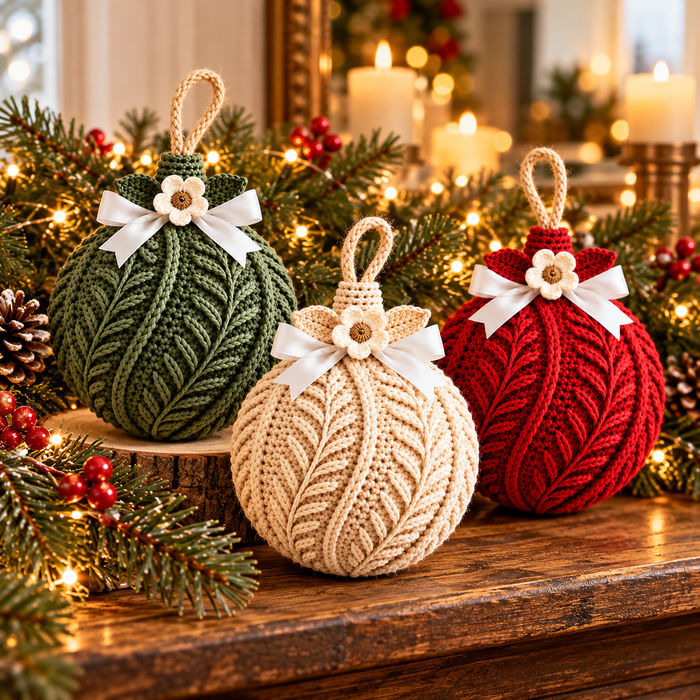 Botanical Christmas Bauble Crochet Pattern PDF | 3 Textured Ornaments
