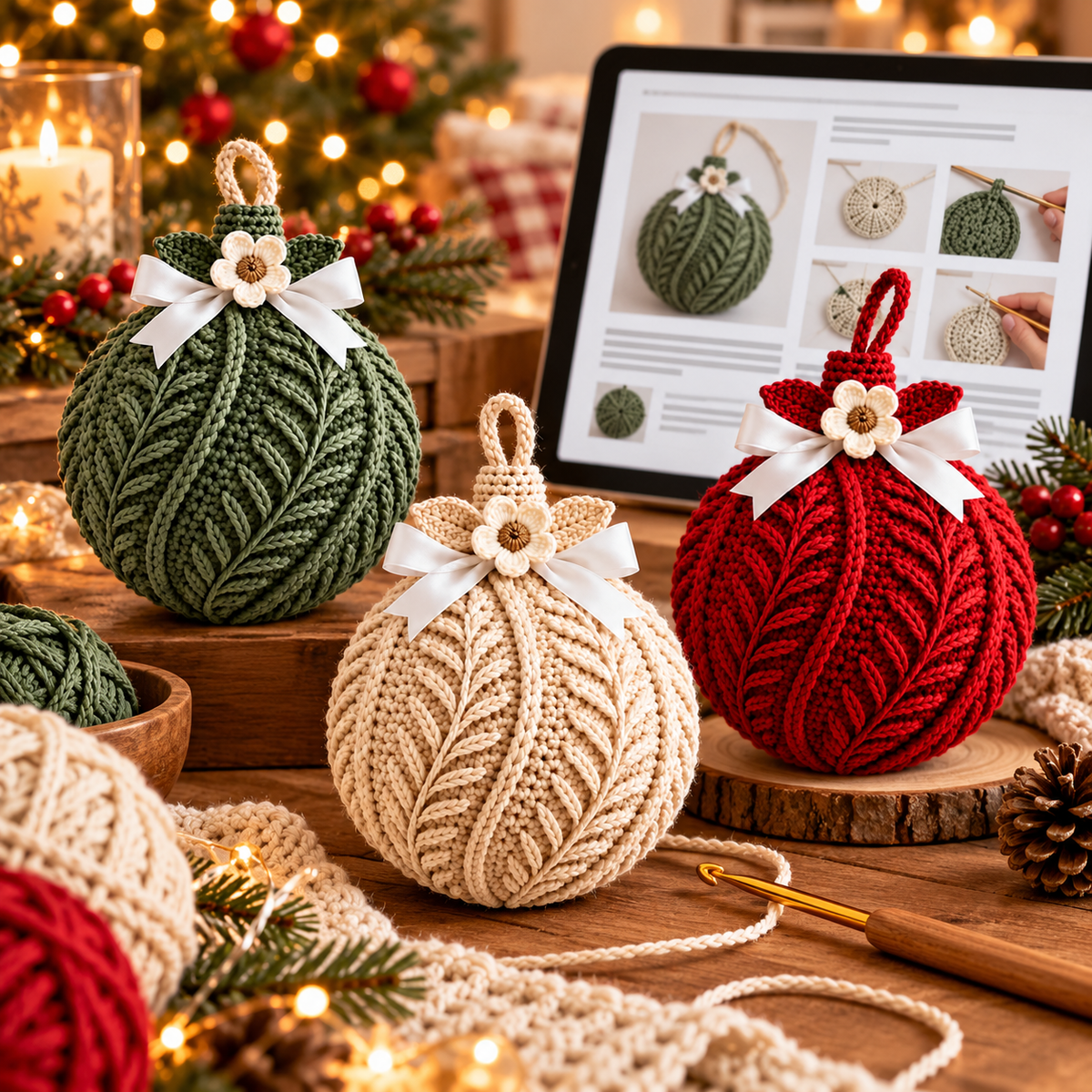 Botanical Christmas Bauble Crochet Pattern PDF | 3 Textured Ornaments
