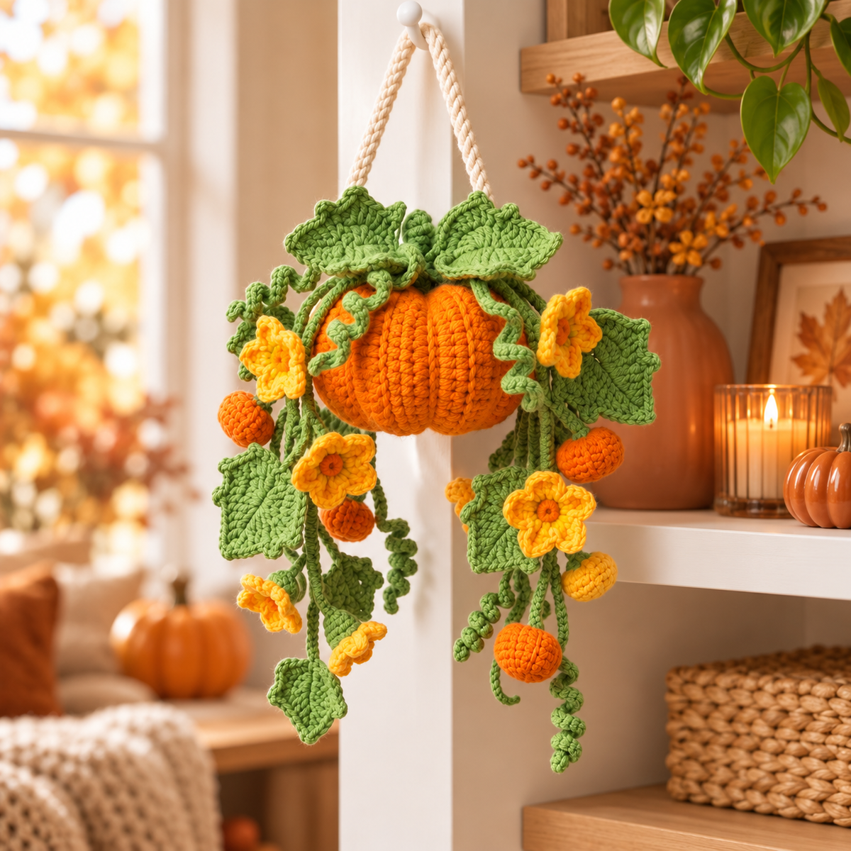 Hanging Pumpkin Plant Crochet Pattern PDF | Fall Floral Wall Decor