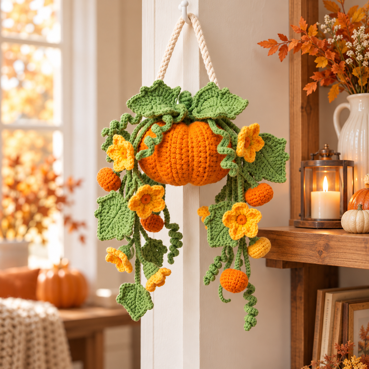 Hanging Pumpkin Plant Crochet Pattern PDF | Fall Floral Wall Decor