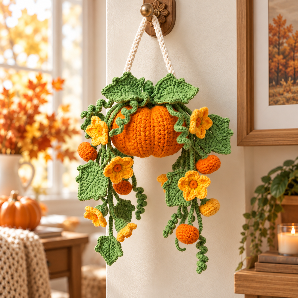 Hanging Pumpkin Plant Crochet Pattern PDF | Fall Floral Wall Decor