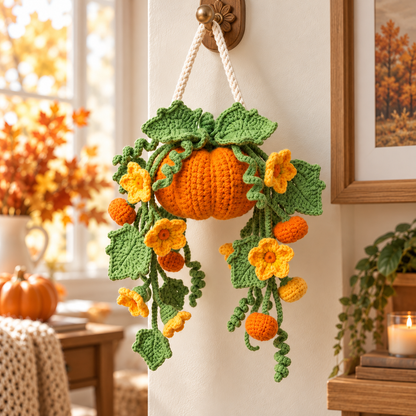 Hanging Pumpkin Plant Crochet Pattern PDF | Fall Floral Wall Decor