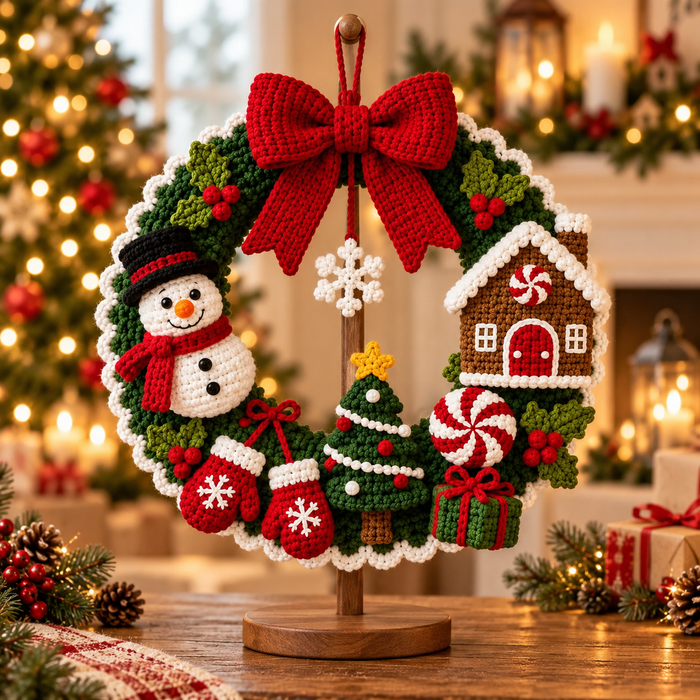 Crochet Christmas Wreath Pattern PDF | Snowman & Gingerbread Door Decor