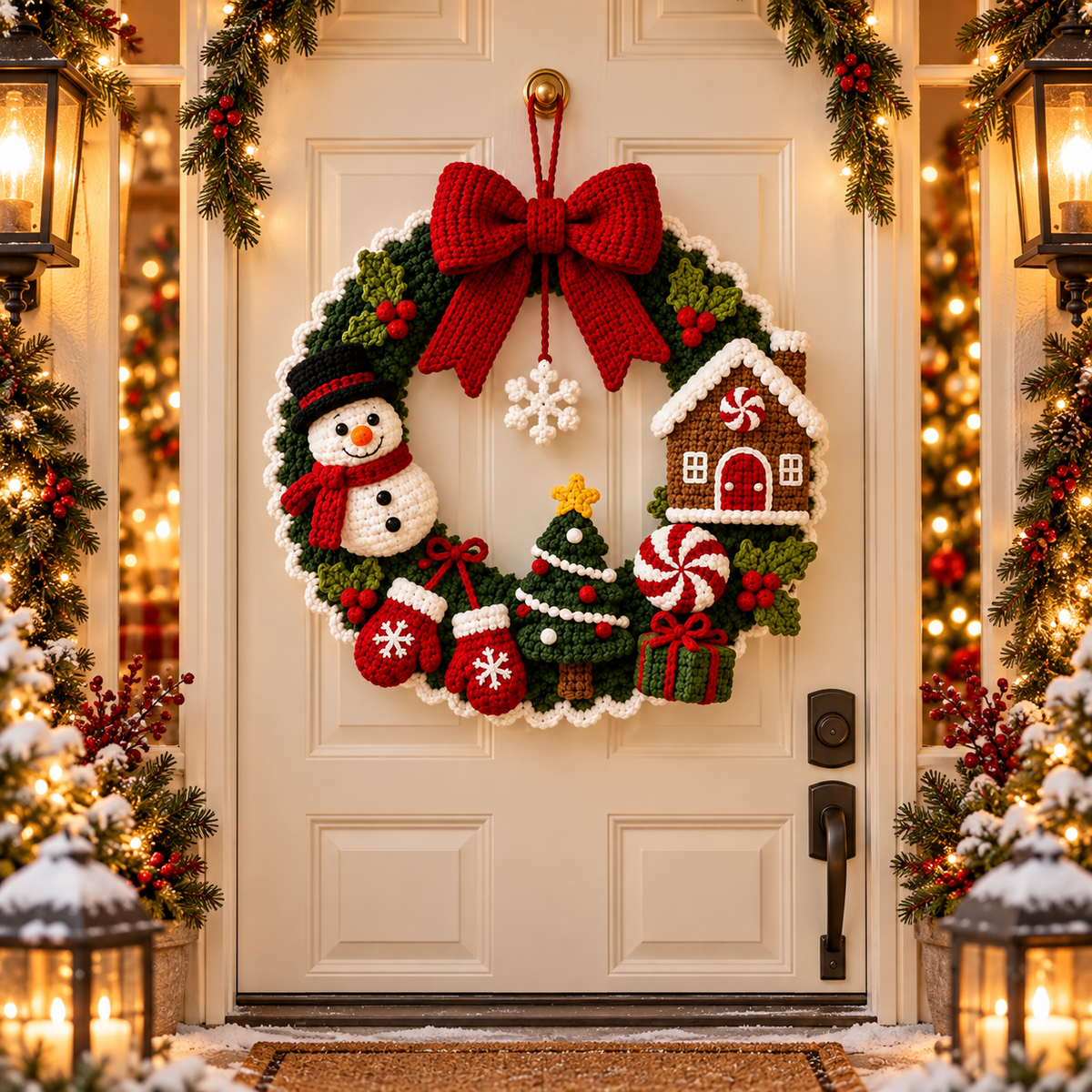 Crochet Christmas Wreath Pattern PDF | Snowman & Gingerbread Door Decor