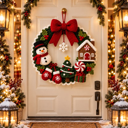 Crochet Christmas Wreath Pattern PDF | Snowman & Gingerbread Door Decor