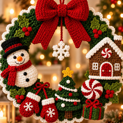 Crochet Christmas Wreath Pattern PDF | Snowman & Gingerbread Door Decor