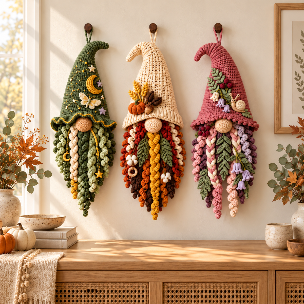 3-in-1 Crochet Gnome Wall Hanging Pattern PDF | Celestial, Harvest & Woodland