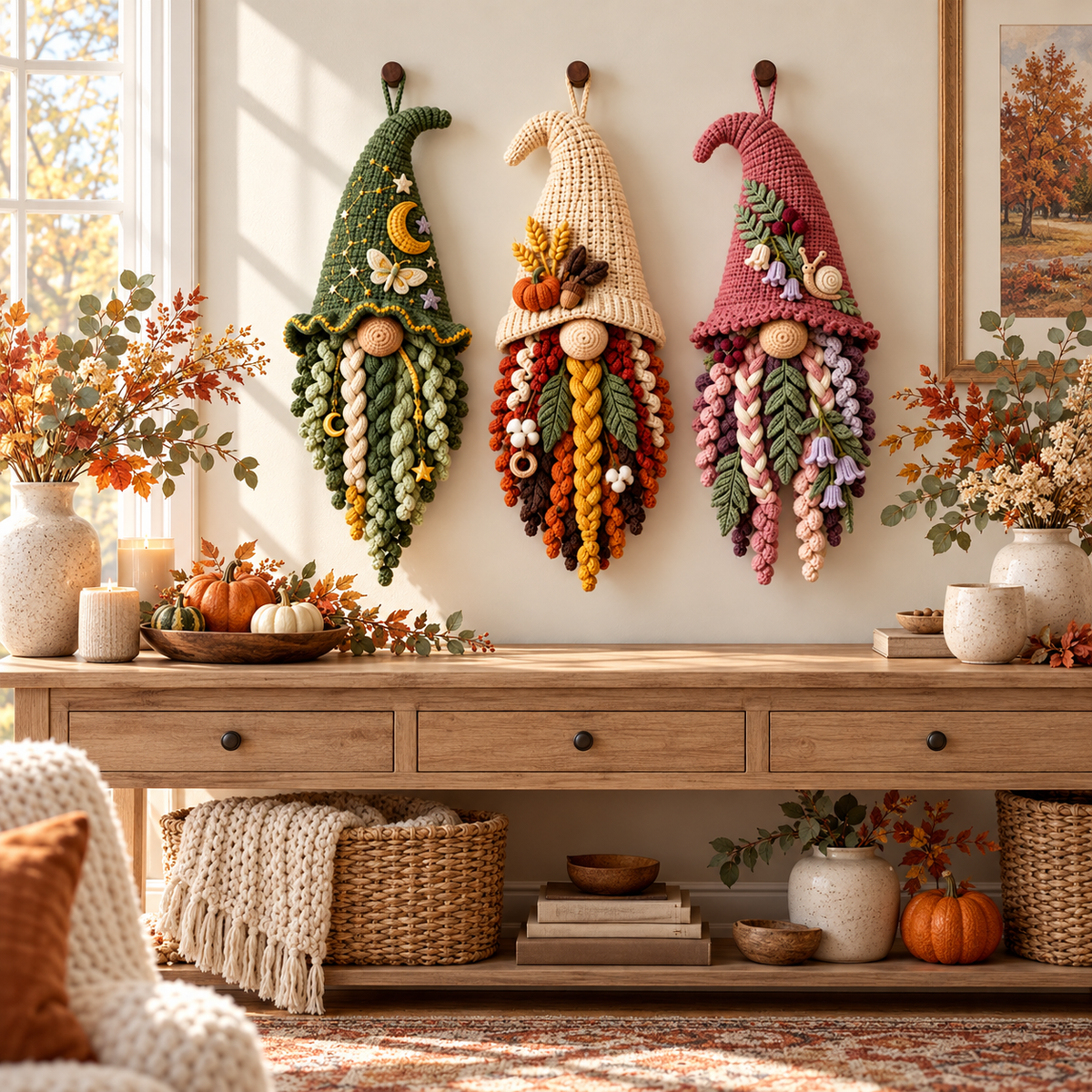 3-in-1 Crochet Gnome Wall Hanging Pattern PDF | Celestial, Harvest & Woodland