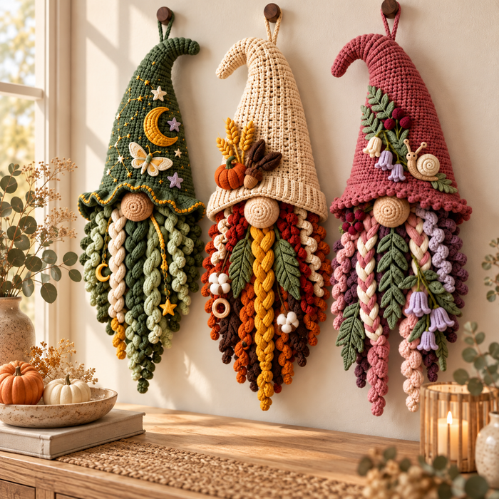 3-in-1 Crochet Gnome Wall Hanging Pattern PDF | Celestial, Harvest & Woodland