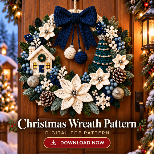 Winter Christmas Wreath Crochet Pattern PDF | Poinsettia Cottage Door Decor