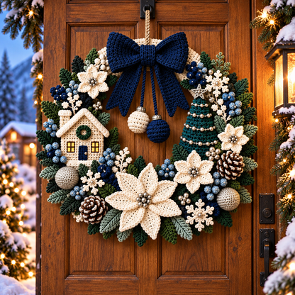 Winter Christmas Wreath Crochet Pattern PDF | Poinsettia Cottage Door Decor