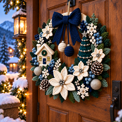 Winter Christmas Wreath Crochet Pattern PDF | Poinsettia Cottage Door Decor