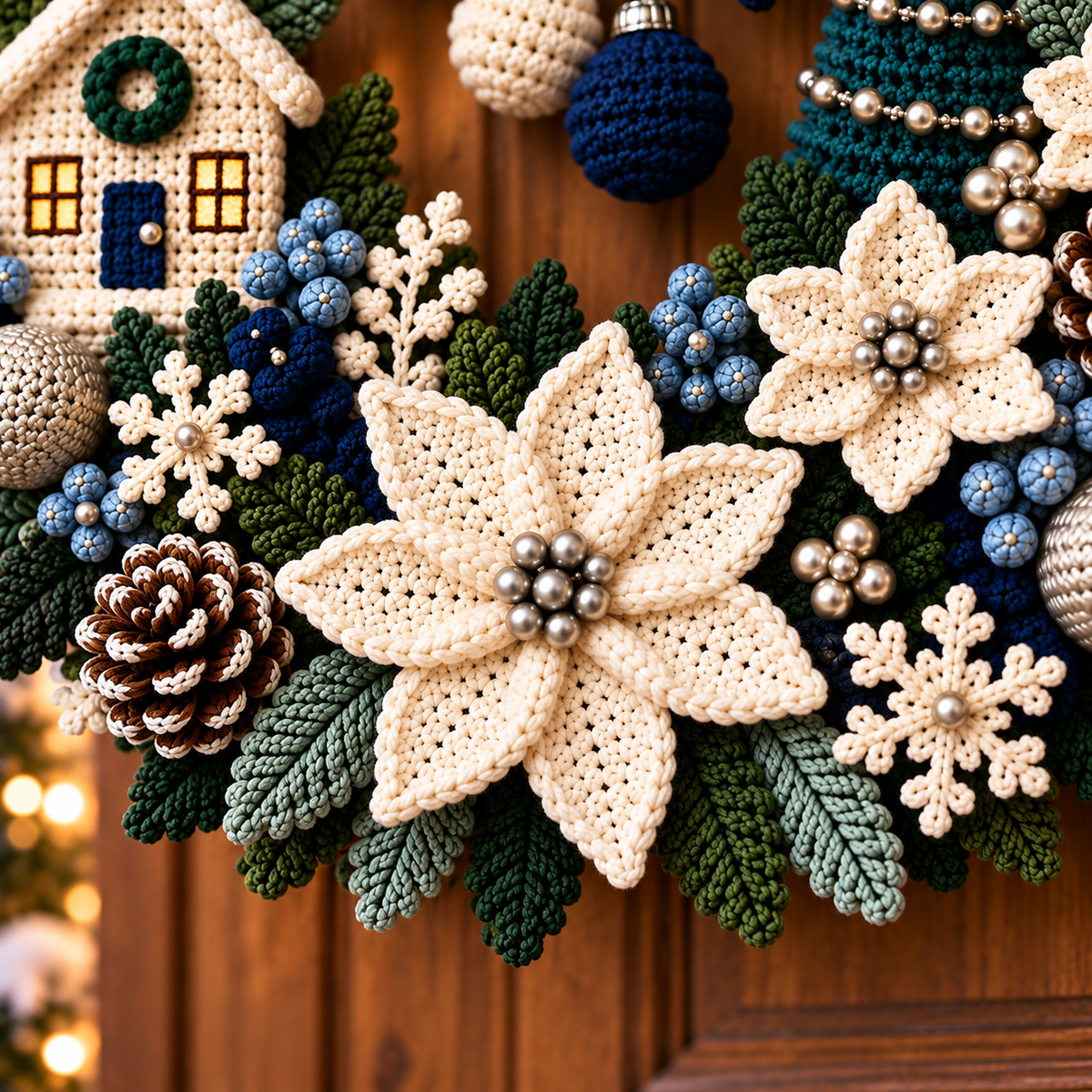 Winter Christmas Wreath Crochet Pattern PDF | Poinsettia Cottage Door Decor