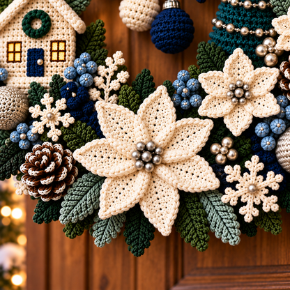 Winter Christmas Wreath Crochet Pattern PDF | Poinsettia Cottage Door Decor