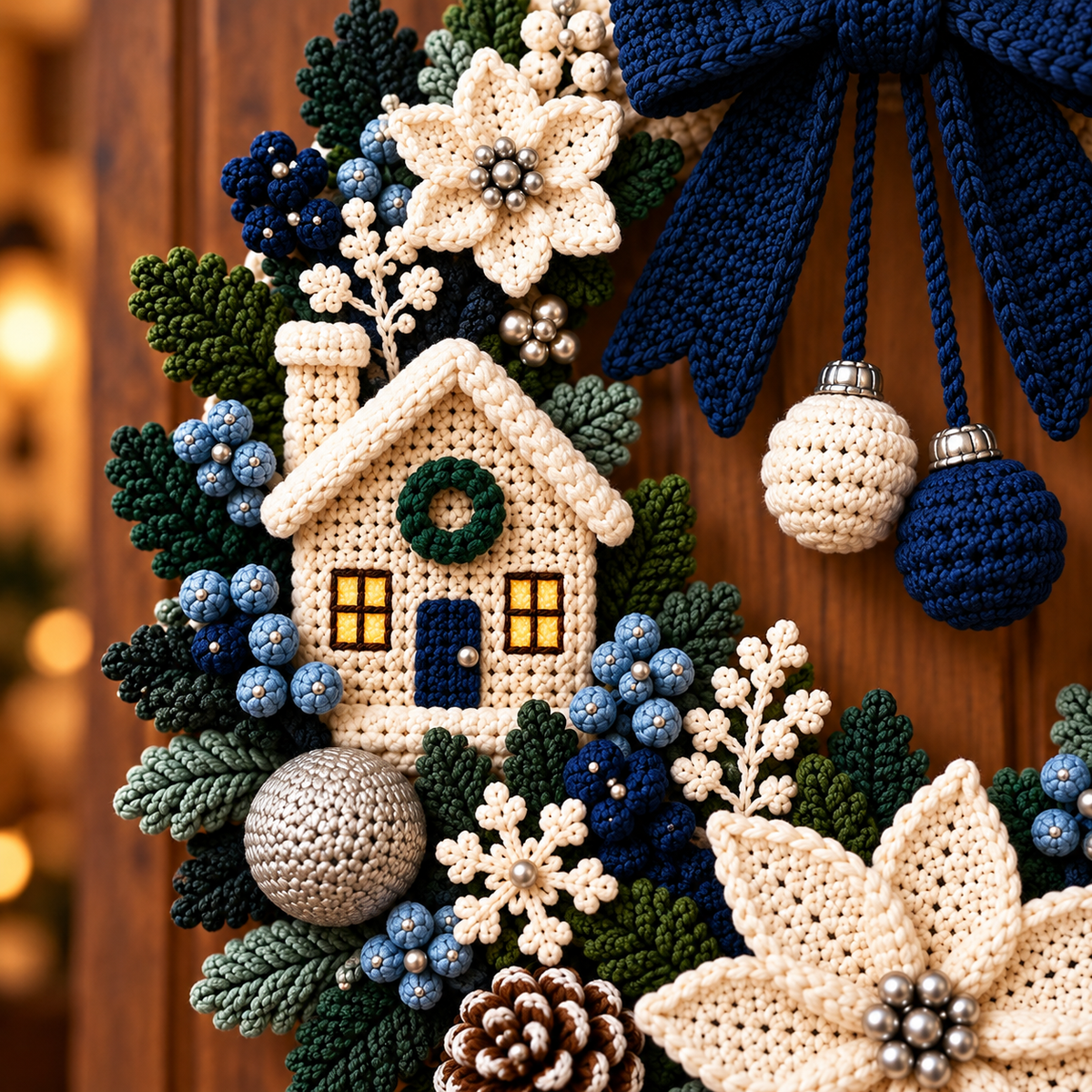 Winter Christmas Wreath Crochet Pattern PDF | Poinsettia Cottage Door Decor