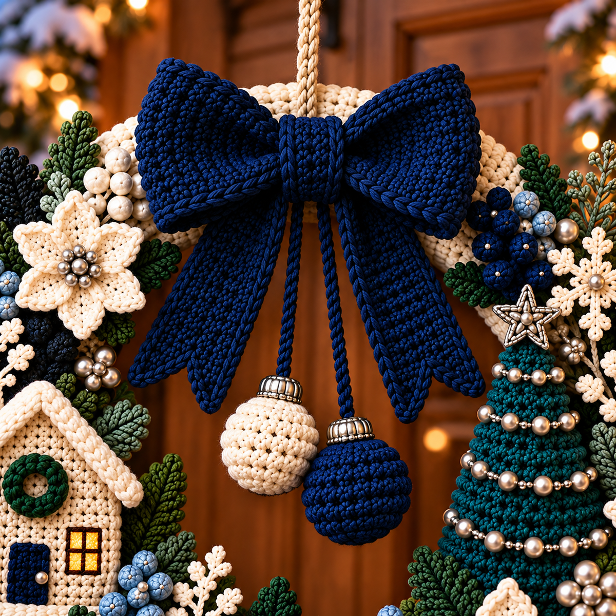 Winter Christmas Wreath Crochet Pattern PDF | Poinsettia Cottage Door Decor
