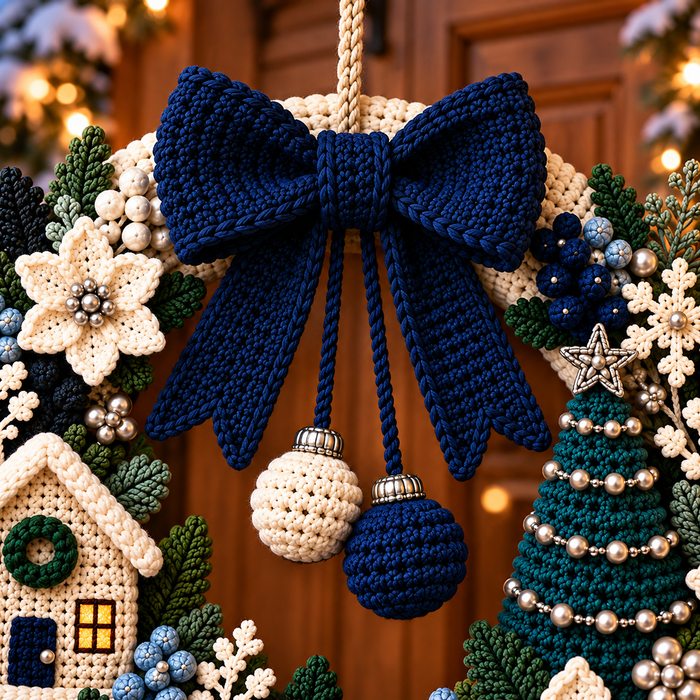 Winter Christmas Wreath Crochet Pattern PDF | Poinsettia Cottage Door Decor