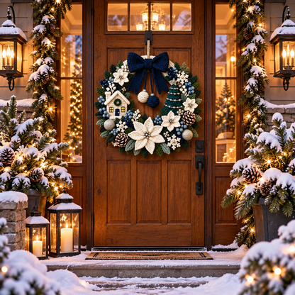 Winter Christmas Wreath Crochet Pattern PDF | Poinsettia Cottage Door Decor