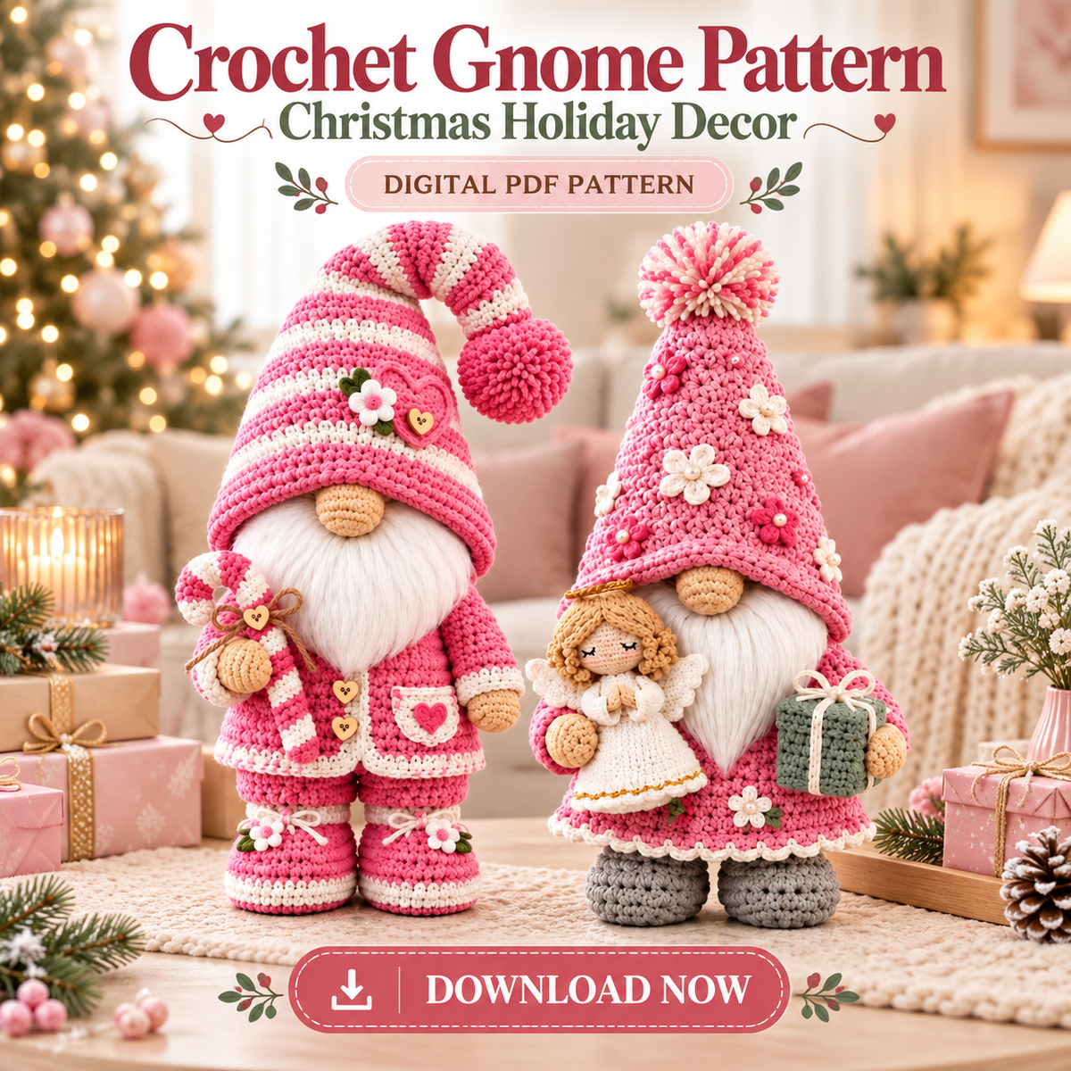 Pink Gnome Crochet Pattern Bundle PDF | 2 Floral Amigurumi Gnomes