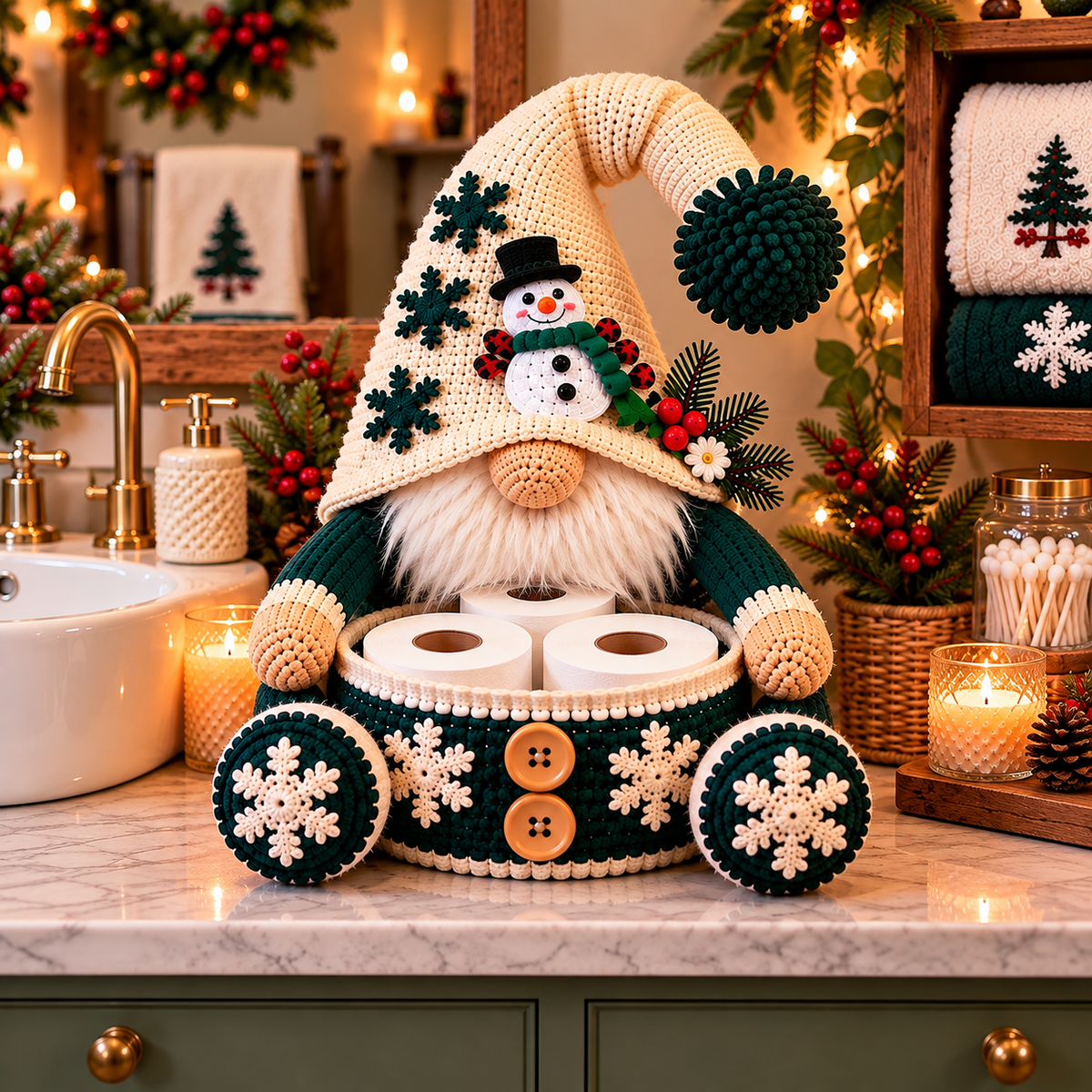 Snowman Gnome Toilet Paper Holder Crochet Pattern PDF | Christmas Bathroom Decor
