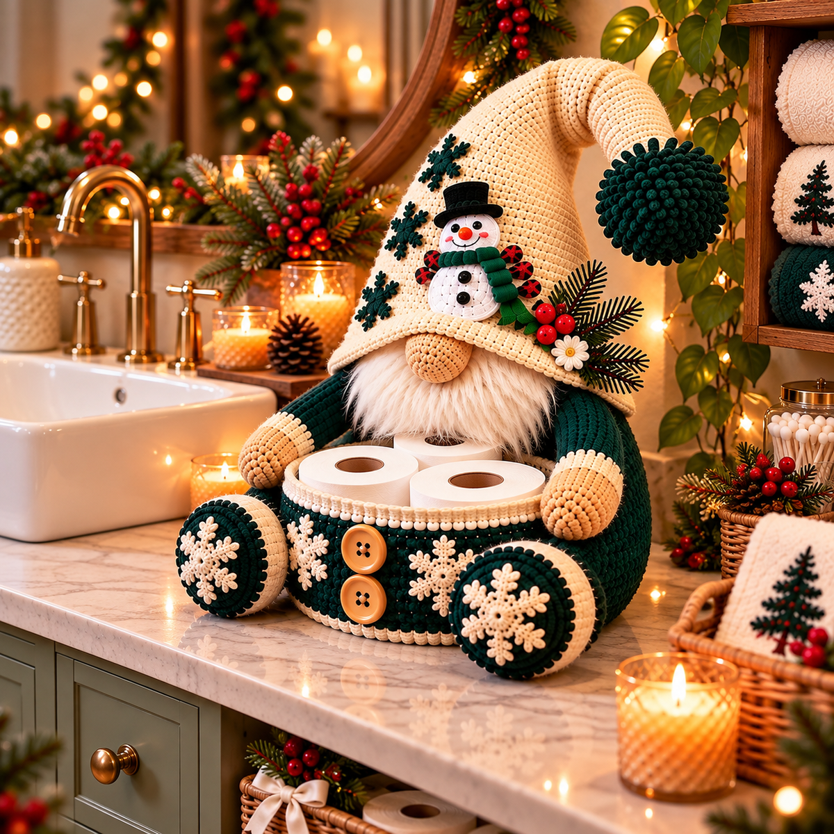 Snowman Gnome Toilet Paper Holder Crochet Pattern PDF | Christmas Bathroom Decor