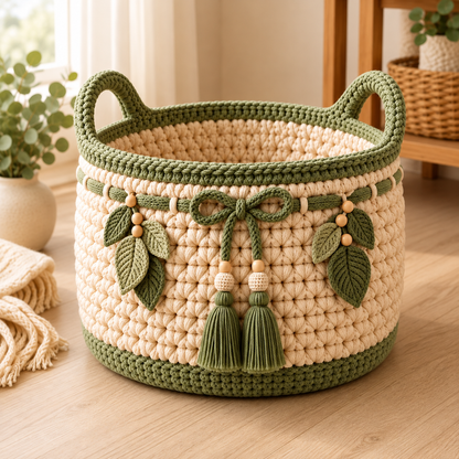 Boho Crochet Storage Basket Pattern PDF | Textured Basket with Handles