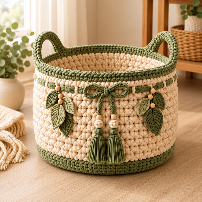 Boho Crochet Storage Basket Pattern PDF | Textured Basket with Handles