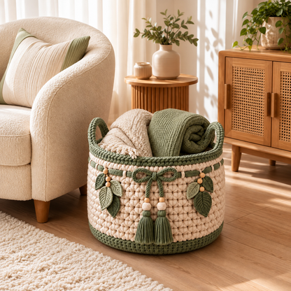 Boho Crochet Storage Basket Pattern PDF | Textured Basket with Handles