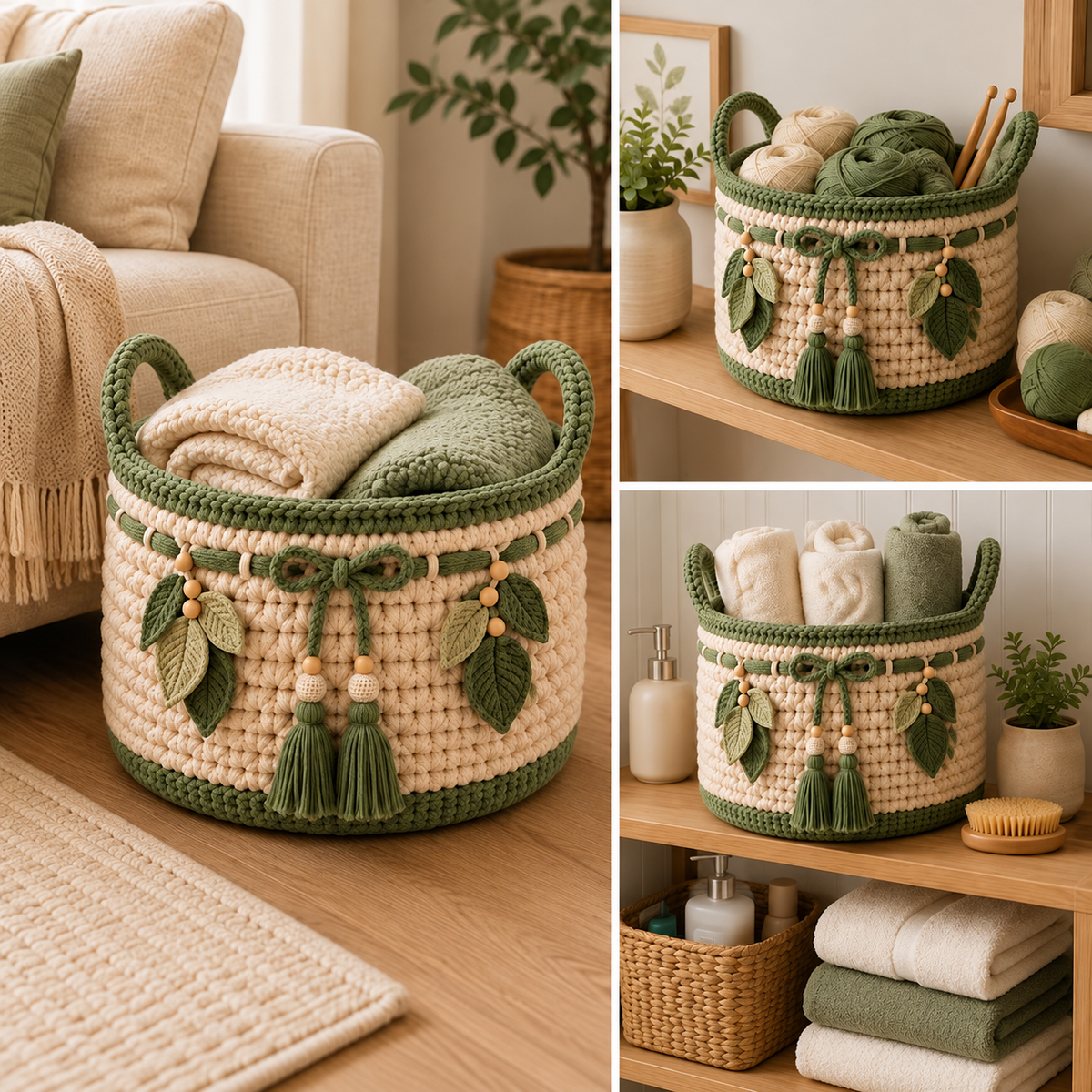 Boho Crochet Storage Basket Pattern PDF | Textured Basket with Handles