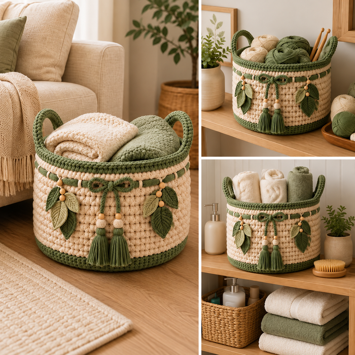 Boho Crochet Storage Basket Pattern PDF | Textured Basket with Handles