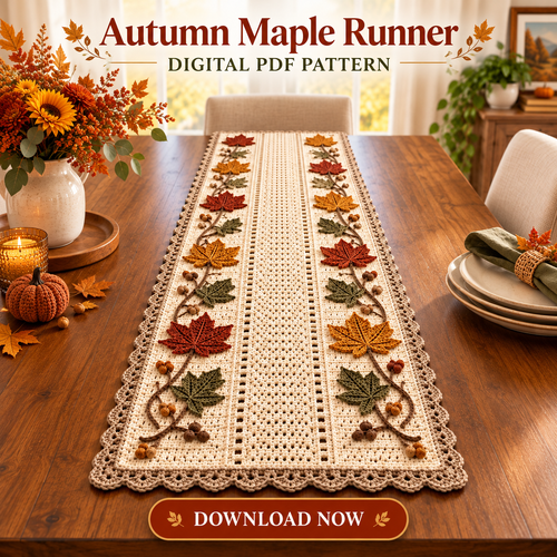 Autumn Maple Leaf Table Runner Crochet Pattern PDF | Fall Acorn Decor