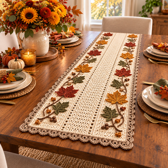 Autumn Maple Leaf Table Runner Crochet Pattern PDF | Fall Acorn Decor