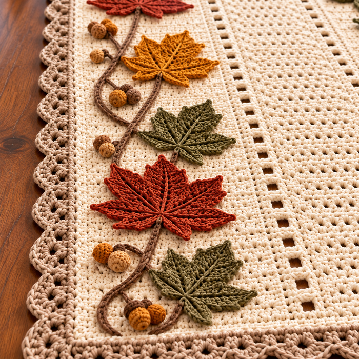 Autumn Maple Leaf Table Runner Crochet Pattern PDF | Fall Acorn Decor