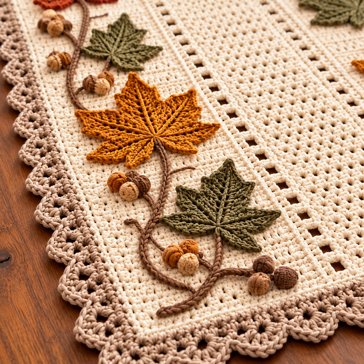 Autumn Maple Leaf Table Runner Crochet Pattern PDF | Fall Acorn Decor